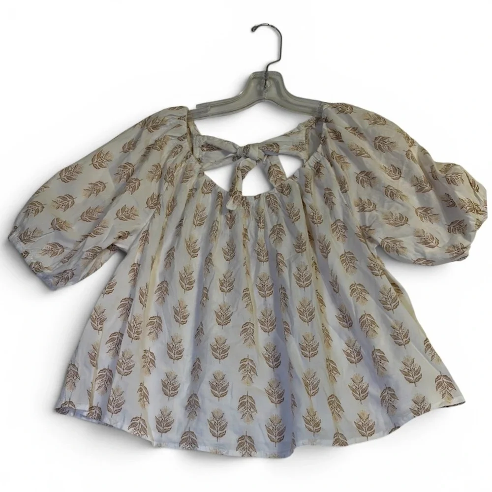 NWT‎ Old Navy Puff Sleeve Blouse Small White Tan Womens Botanical Tie Back